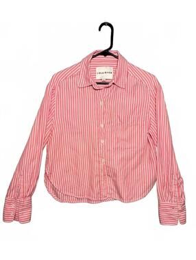 Lola River Womens XS Pink White Striped Button Down Shirt Long Sleeve